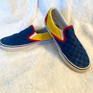 Blue, yellow and red Checkerboard vans